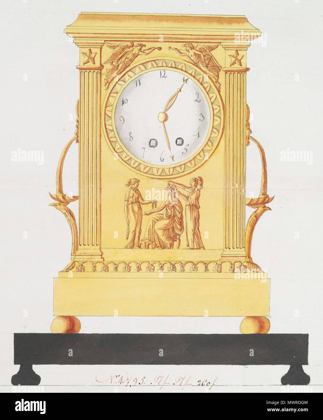 . Anglais : l'Aquarelle. Horloge en bronze doré sur socle en ébène. Télévision de base avec pieds boule oblongue. Horloge avec deux colonnes cannelées avec des étoiles en haut, à la frontière d'ornement autour de composer. De chaque côté de l'horloge à partir d'un flux d'eau à la bouche les lions entrent dans une conque sur la tête. Se monte dans la forme de winged maidens soufflant cornes sont au-dessus de la molette tout en dessous c'est mont de deux jeunes filles en robe robes classiques une troisième femme assise dans un fauteuil classique. circa 1805.. 563 Inconnu Skecth d'un Empire français réveil Banque D'Images