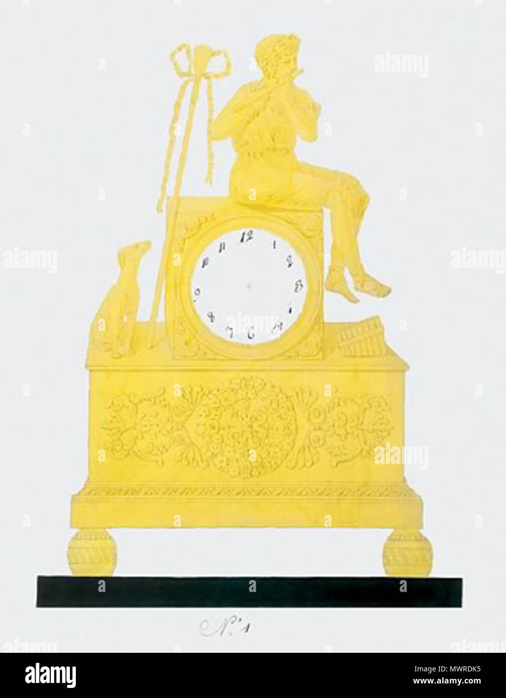 . Anglais : Aquarelle, gouache et encre et plume, sur papier vergé. Numérotée : 1. Dimensions : 50,4 cm. par 33 cm. Pour être exécuté en bronze doré ; noir ; cadran émail en plate-forme. Une figure d'un jeune berger, jouant de la flûte tout en étant assis sur un socle sur lequel il a fondé son personnel et la façade par le cadran d'horloge, son chien et syrinx de chaque côté ; la frise décorée d'une guirlande de fleurs et de motifs anthemion sur billes ; pieds. La présence ici d'un syrinx (flûte) et le personnel du berger indique le thème de cette horloge comme l'amour d'Orphée pour Eurydice, l'une des plus grandes histoires d'amour et fidèle Banque D'Images