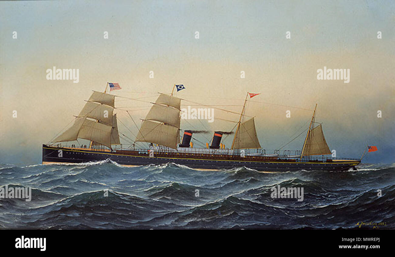 . Anglais : SS Alaska, Guion Line paquebot transatlantique. Record de vitesse a éclaté sur la traversée de l'Atlantique (ruban bleu) en 1882 et 1883. Peinture de Antonio Jacobsen. English : Peinture d'Antonio Jacobsen représentant le paquebot transatlantique SS Alaska, de la compagnie maritime britannique Guion Line en 1181. L'Alaska remporte en 1882 et 1883 le Ruban bleu récompensant le record de traversée transatlantique. 1881. Antonio Jacobsen (1850-1921) 571 SS Alaska (Guion Line) - Antonio Jacobsen (1881) Banque D'Images