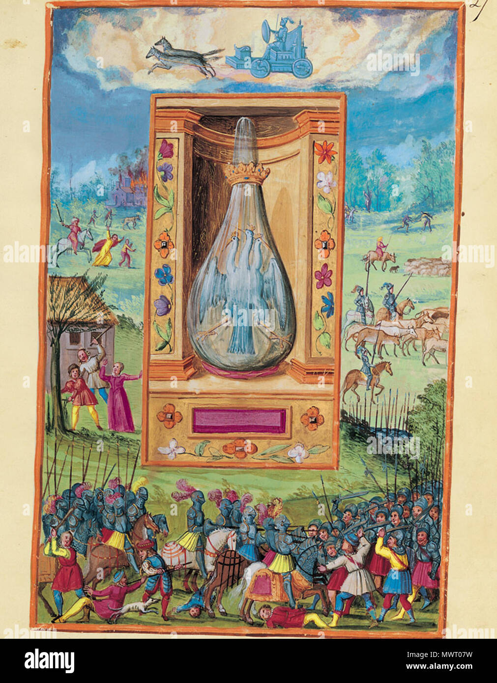 570 Splendor Solis - Traité d'Alchimie - Mars - L'oiseau à trois têtes (Les Sept Flasques) Banque D'Images