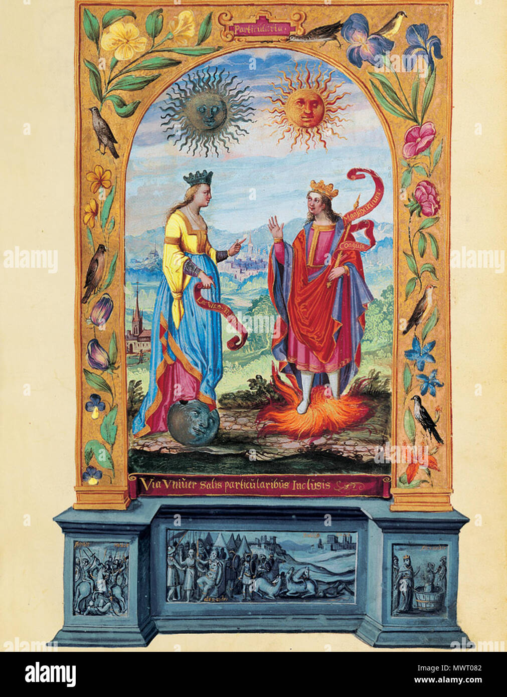570 Splendor Solis - Traité d'Alchimie - Rencontre du Roi Soleil et de la Reine Lune Banque D'Images