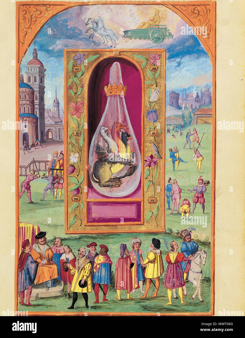 570 Splendor Solis - Traité d'Alchimie - Soleil - Le dragon à trois têtes (Les Sept Flasques) Banque D'Images