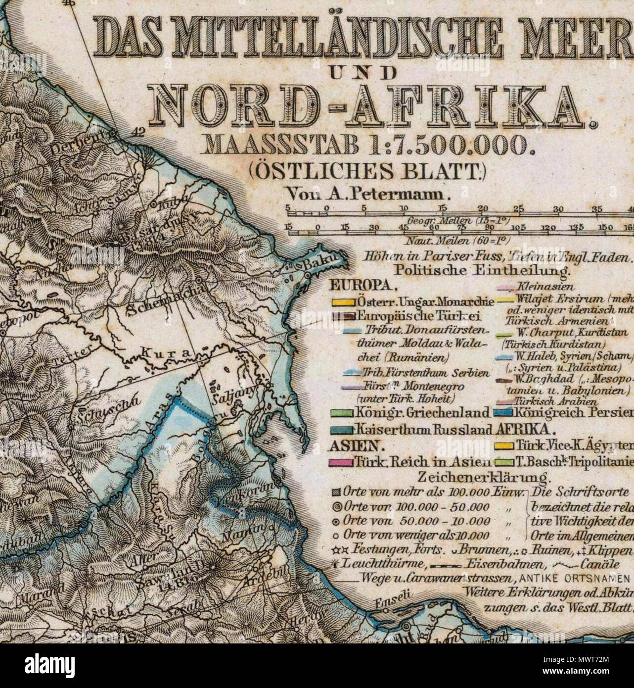 . Anglais : Mittellandische Nord-Afrika und das Meer. Maassstab 1:7.500.000. (Ostliches Blatt.) Von A. Petermann. Bearbeitet von L. Friederichs en u. Habenicht. Poppey Gest. C. u. Jungmann. Gotha : Justus Perthes 1875. 1875. 577 Stieler, Adolf Stieler, Adolf. Mittellandische Nord-Afrika und das Meer. 1875 X Banque D'Images