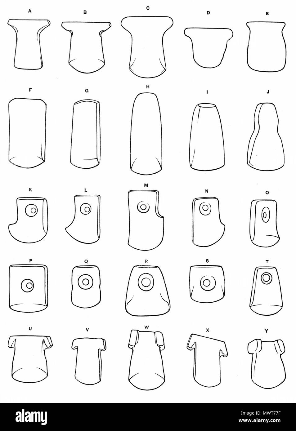 . Cinq types d'outils en pierre trouvés en Equateur . 1892. Utilisateur:SEWilco 577 outils en pierre Equador 5 types Banque D'Images