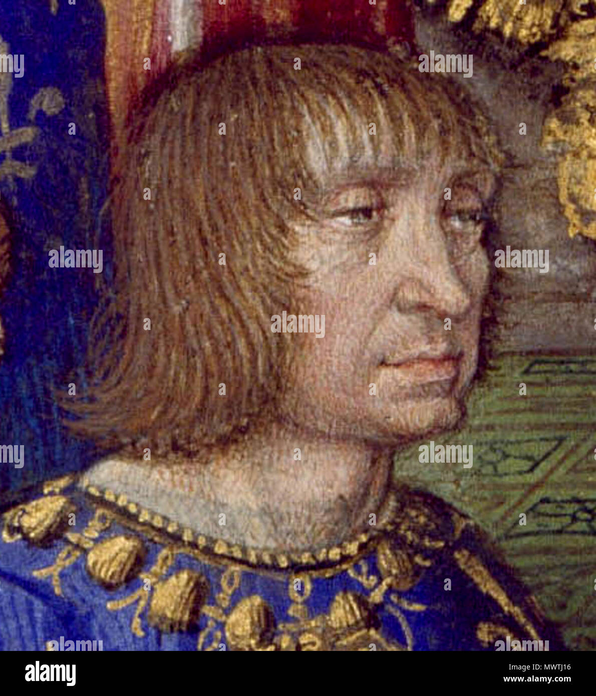 . Español : Miniature del Libro de horas de Carlos VIII de Francia, manuscrito iluminado en Buenos Aires, siglo XV, f.º 13v. Un représentant Luis XII orante, tras el, de pie, Carlomagno ; la figura de Luis XII se pintó cambiando el rostro original de Carlos VIII por el de Luis XII . 14 septembre 2010, 00:23 (UTC). Luis XII Francia y Carlomagno.jpg : Antoine Verard (taller, París, Francia) instruments : Escarlati (talk) 382 Luis XII de Francia Banque D'Images
