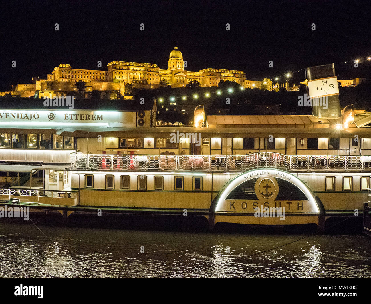 Budapest, sur le Danube, la nuit, avec le Palais Royal de Buda aka le château de Buda en arrière-plan, la Hongrie. Banque D'Images
