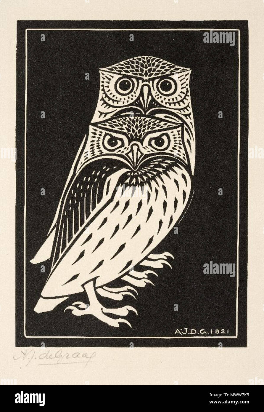 . Jumporama uilen (houtsnede) . 1921. Julie de Graag (1877-1924) 618 Twee uilen Banque D'Images