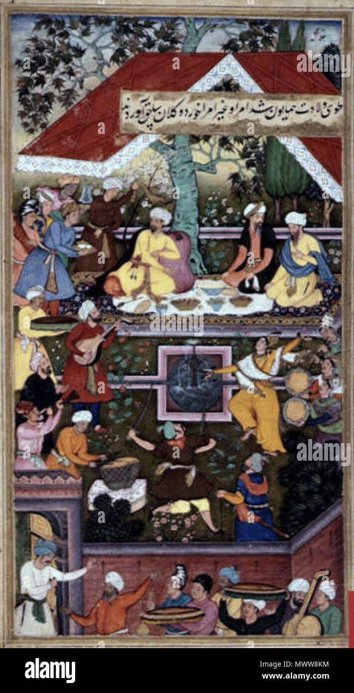 . Anglais : Babur célèbre la naissance de Humayun dans le Chahar Bagh de Kaboul (1508) ; une illustration pour les mémoires de l'Empereur Babur, 'Vaqi Baburi 'at-i', par Sur le gujarati, c.1590* . vers 1590. Sur Gujarati 85 Birthcelebration Banque D'Images