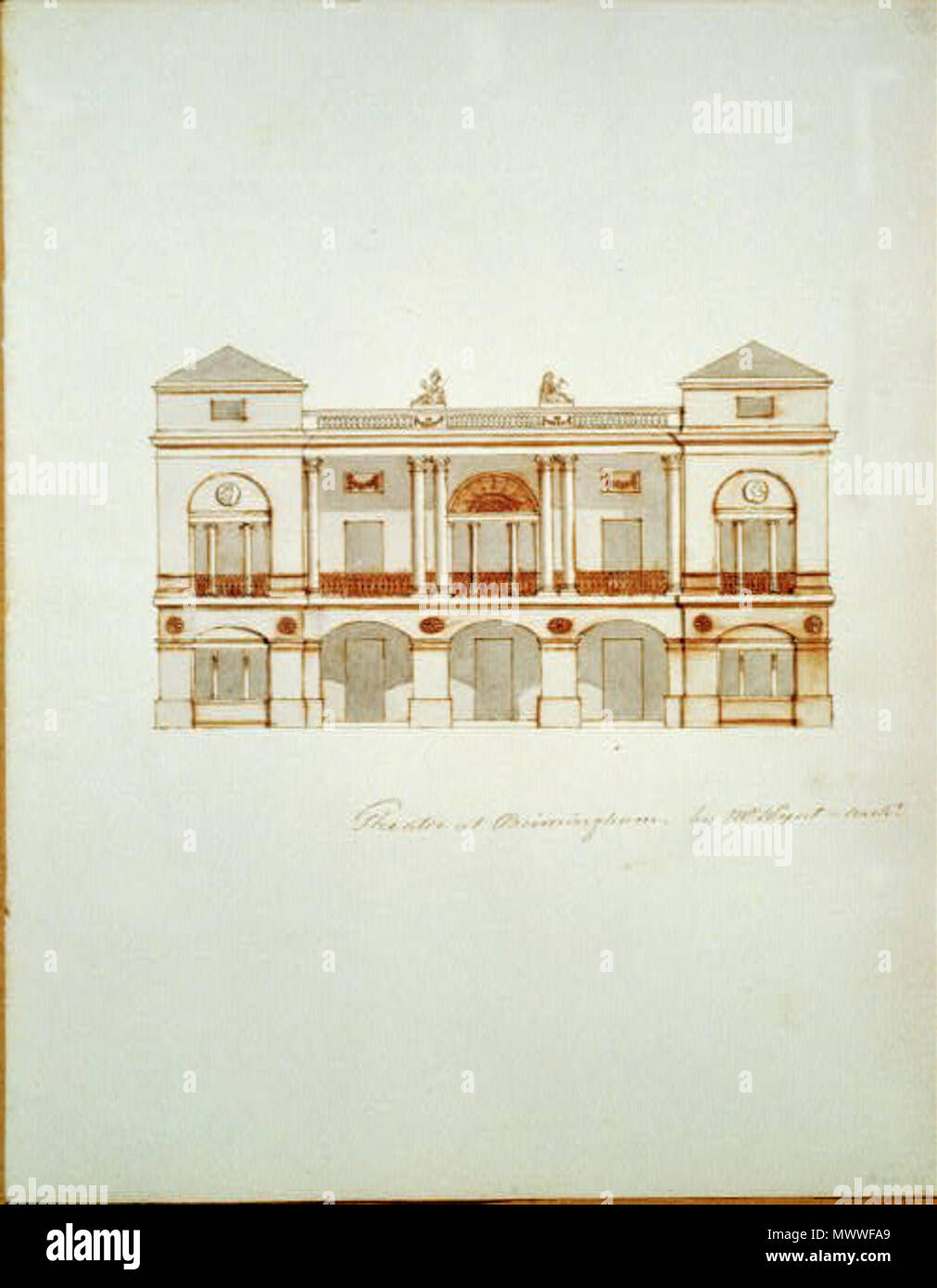 . Anglais : Theatre Royal, New Street, Birmingham, Angleterre. Le rendu d'élévation. Peut-être par Charles Bulfinch (1763-1844). avant 1830. 603 anonyme Théâtre Royal Birmingham Banque D'Images