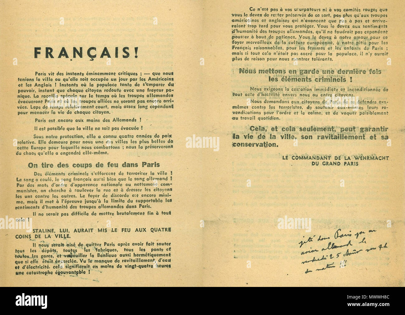 613 Tract allemand 25 août 1944 - Libération de Paris Banque D'Images