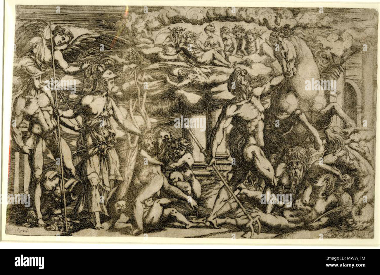 . Anglais : imprimer par Antonio Fantuzzi, British Museum, concours d'Athena et Poseidon : la déesse, debout sur la gauche à côté de l'olivier avec Hermes de son côté, est déjà couronné par Nike ; sur la droite, Poseidon est maintenant le cheval ; dans la partie supérieure, une assemblée des dieux présents au concours. c.1542/43 gravure par : Antonio Fantuzzi Après : Rosso Fiorentin . Années 1540. Antonio Fantuzzi active (années 1540) 615 bm Trento Banque D'Images