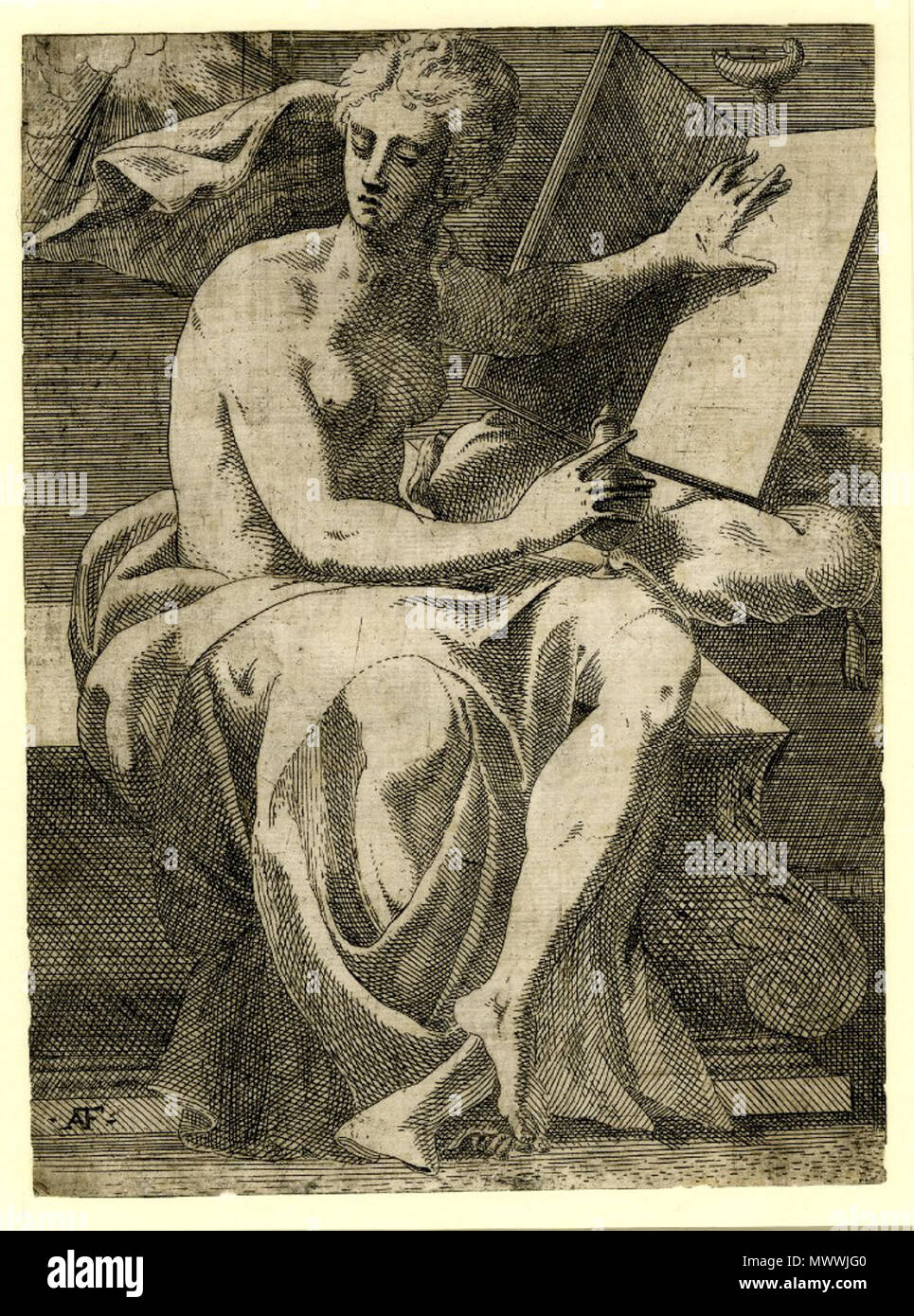 . Anglais : imprimer par Antonio Fantuzzi, British Museum, sibyl assis une draperie enroulée autour de sa taille, avec la main droite et gauche vase parfum holding main posée sur un livre ouvert. c.1544/45 gravure par : Antonio Fantuzzi Après : Henri le Sidaner bm page . Années 1540. Antonio Fantuzzi active (années 1540) 615 Trento bm4 Banque D'Images