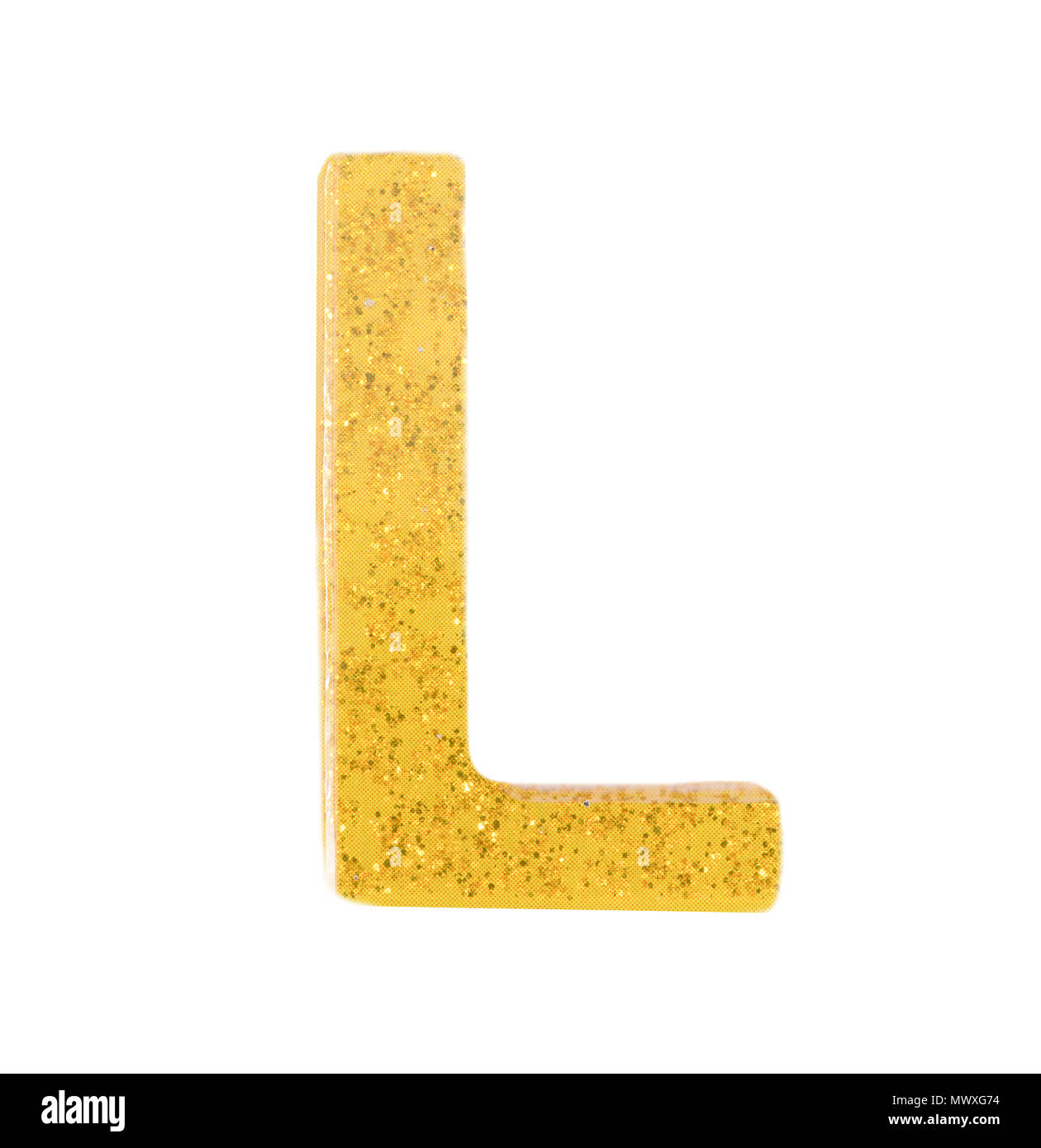 Lettre L'alphabet anglais, symbole, lettre de l'alphabet anglais (jaune) d'or sur un fond blanc avec chemin de détourage. Banque D'Images