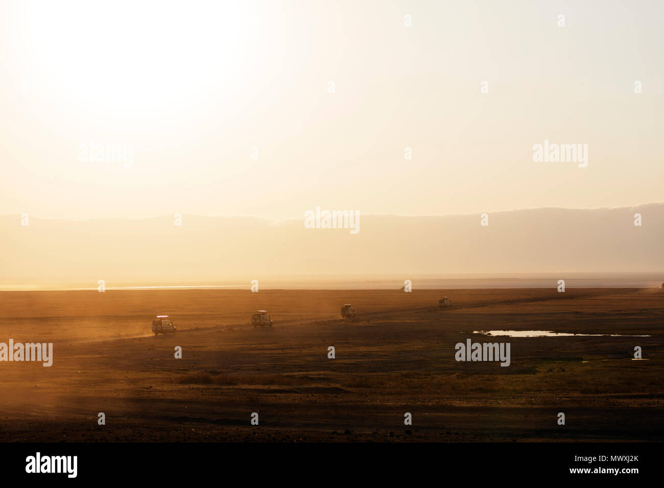 Jeeps touristiques sur safari au lever du soleil, le cratère du Ngorongoro Conservation Area, Site du patrimoine mondial de l'UNESCO, la Tanzanie, l'Afrique de l'Est, l'Afrique Banque D'Images
