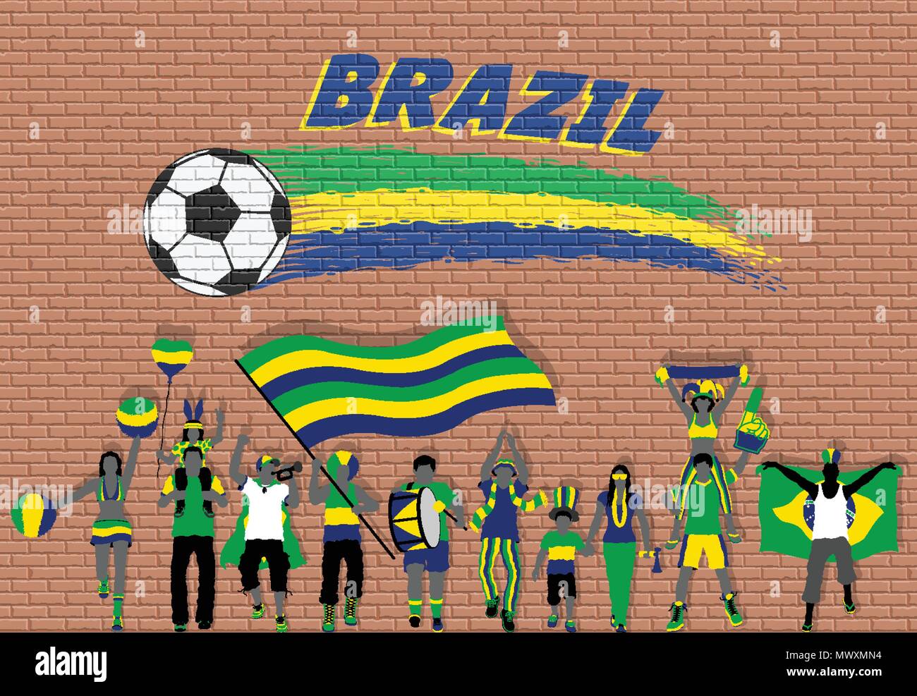 Acclamations des fans de football avec le Brésil couleurs du drapeau en face de ballon de soccer des graffitis. Tous les objets sont dans des couches différentes et les types de texte Illustration de Vecteur