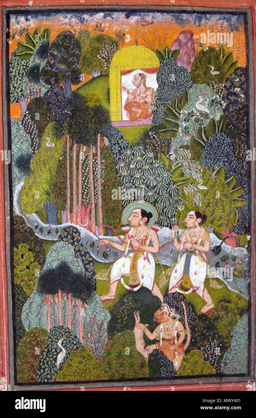 . Anglais : Une illustration du Ramayana Inde, Bundi, début du 18e siècle les deux frères marchant à travers la forêt avec Sita assise dans un pavillion en haut, le paysage rempli d'arbres, des animaux, et des fleurs, une inscription dans la bordure supérieure de l'or et de pigments opaques sur wasli 10 x 3/8 7 3/8 in. (26,3 x 18,7 cm.) Pre-Lot Text un bien d'un nouveau collecteur de Jersey . vers 1680. L'Inde, du Rajasthan, Bundi 512 Rama, Sita, Lakshmana et Hanuman dans la forêt. Banque D'Images