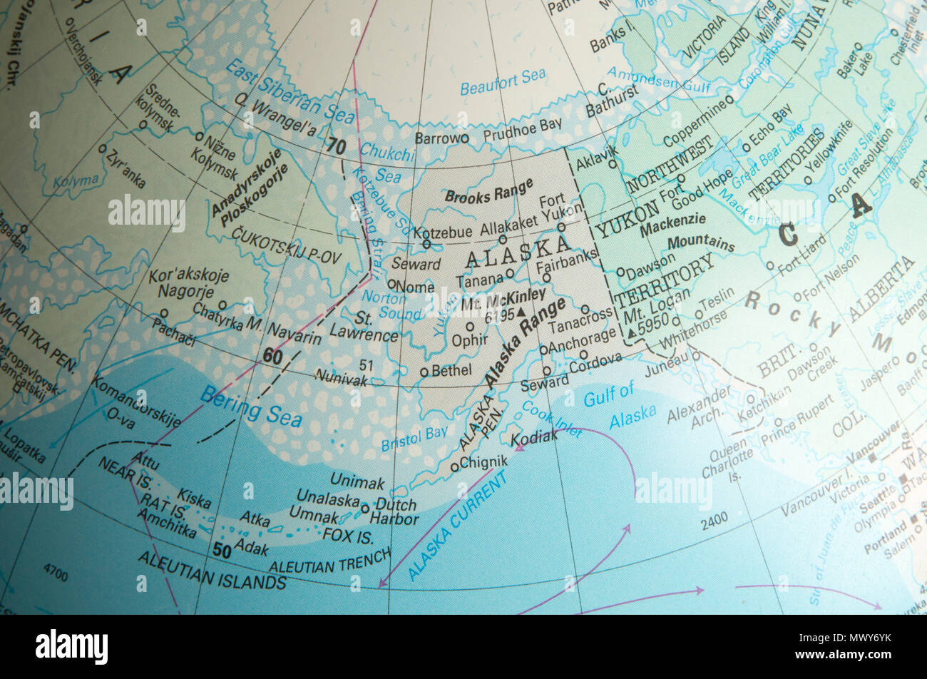 La carte de l'Amérique du Nord sur un globe centré sur l'Alaska et de la mer de Béring Banque D'Images