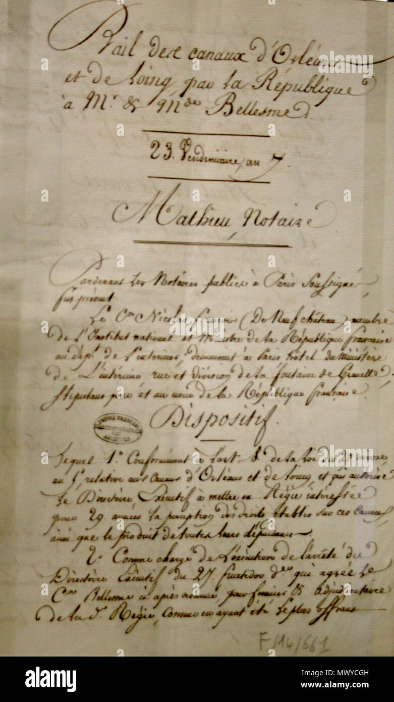. Bail du 23 vendémiaire un dévot 7 la gestion du canal d'Orléans à la famille Bellesme. 21 novembre 2010. Roulex Canal 45110 orleans bail bellesme Banque D'Images