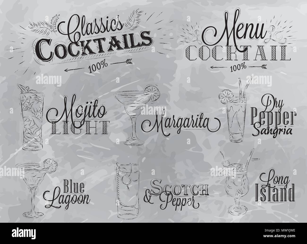 Jeu de carte de cocktails dans un style vintage dessin stylisé sur fond gris anthracite, Mojito cocktails avec l'illustre, le lagon bleu marguerite Sc Illustration de Vecteur