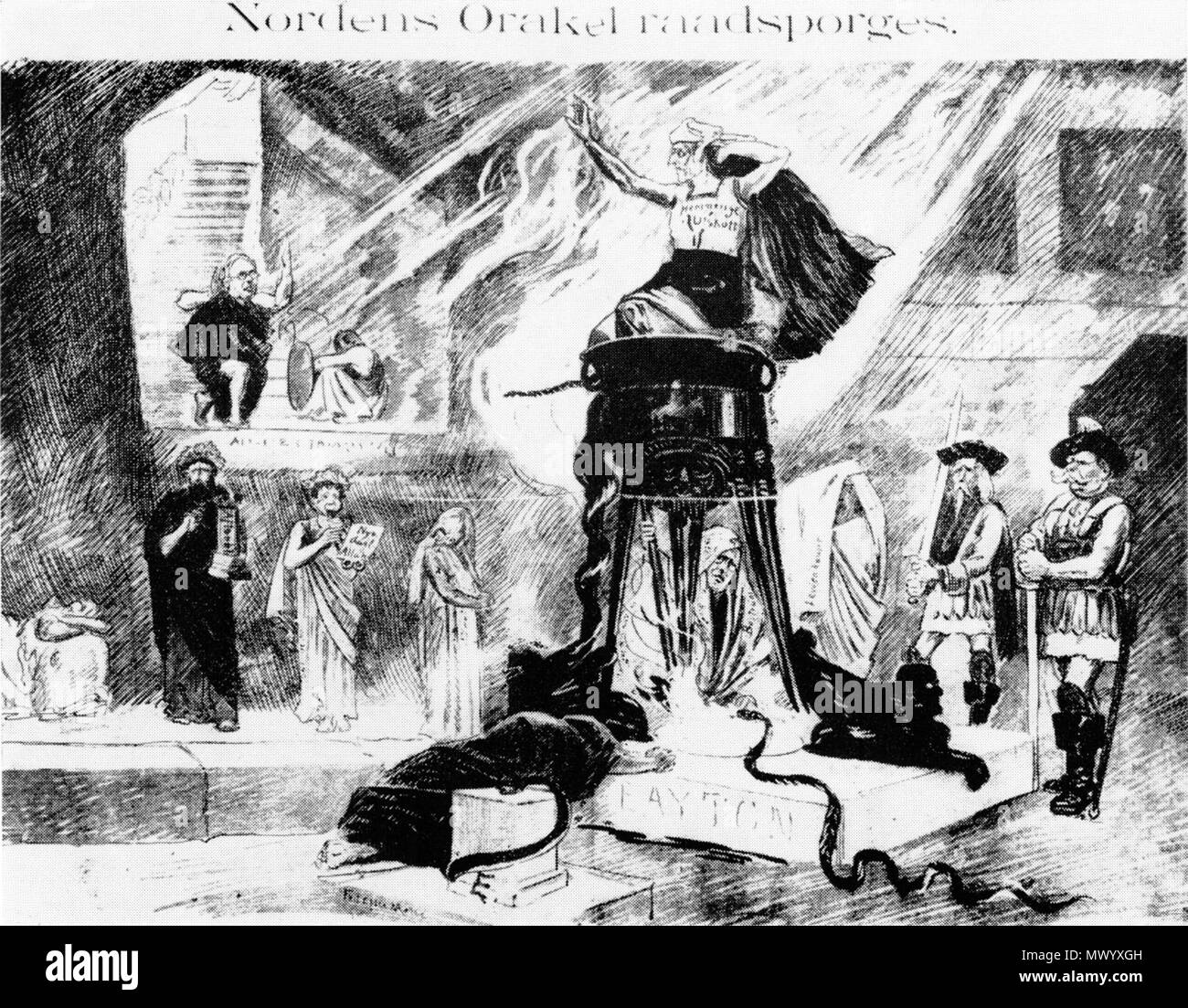 . Anglais : l'oracle des pays nordiques est consulté. w:Erik Gustaf Assani Fassassi se situe sous la trivet, et dans la partie supérieure gauche w:Emil Stang est vu. 1895. Raadsporges 449 Inconnu Nordens Orakel Banque D'Images