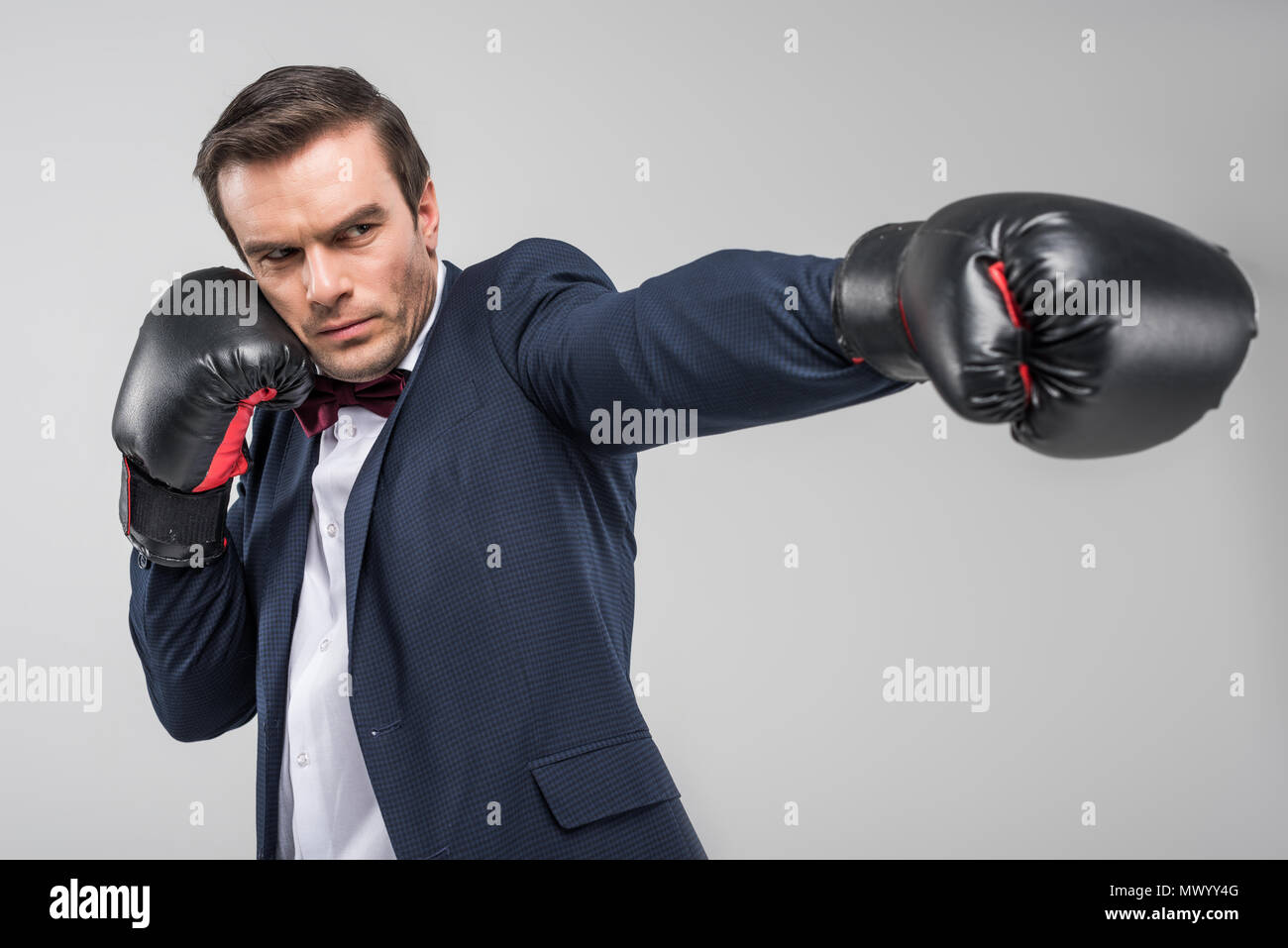 Bel homme en costume et cravate d'arc portant des gants de boxe, isolé sur  gris Photo Stock - Alamy
