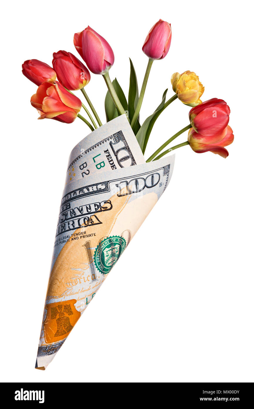 Sac de papier hors de cent dollars avec fleurs de tulipes colorées isolé sur fond blanc Banque D'Images