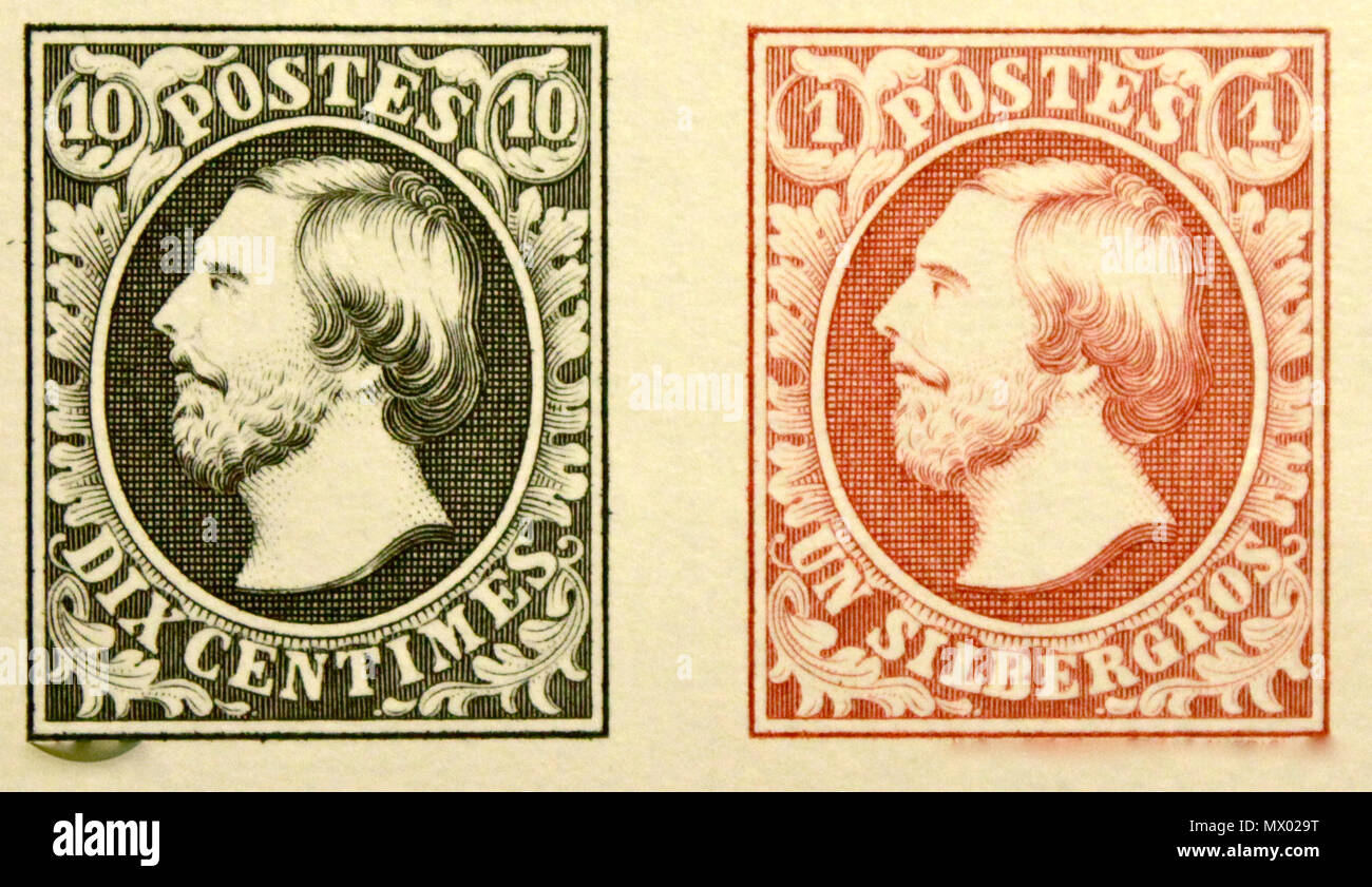 . Anglais : deux premiers timbres-poste de Luxembourg, publié 1852 (portraits de Guillaume III des Pays-Bas, Grand-duc de Luxembourg). Photographie de la reproduction en fac-similé à partir de 1977. 15 septembre 1852. 210 timbres luxembourgeois d'abord inconnu de 1852 Banque D'Images