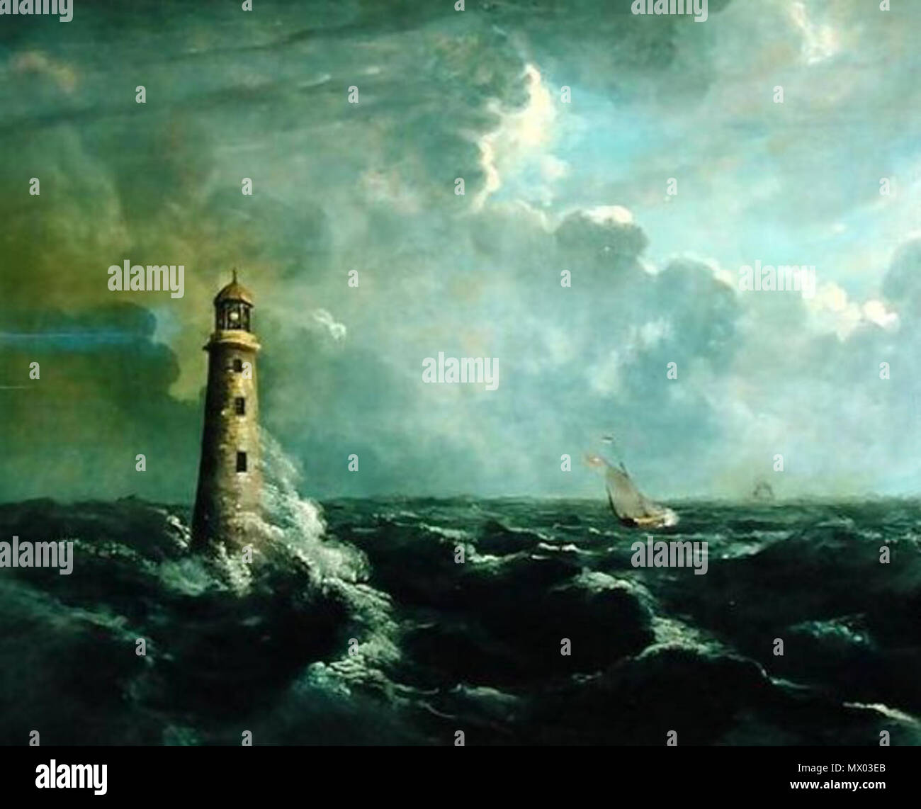 . Anglais : Seascape-avec-phare . 18 septembre 2015. Charles Codman (1800-1842) 549 marins avec le phare Banque D'Images