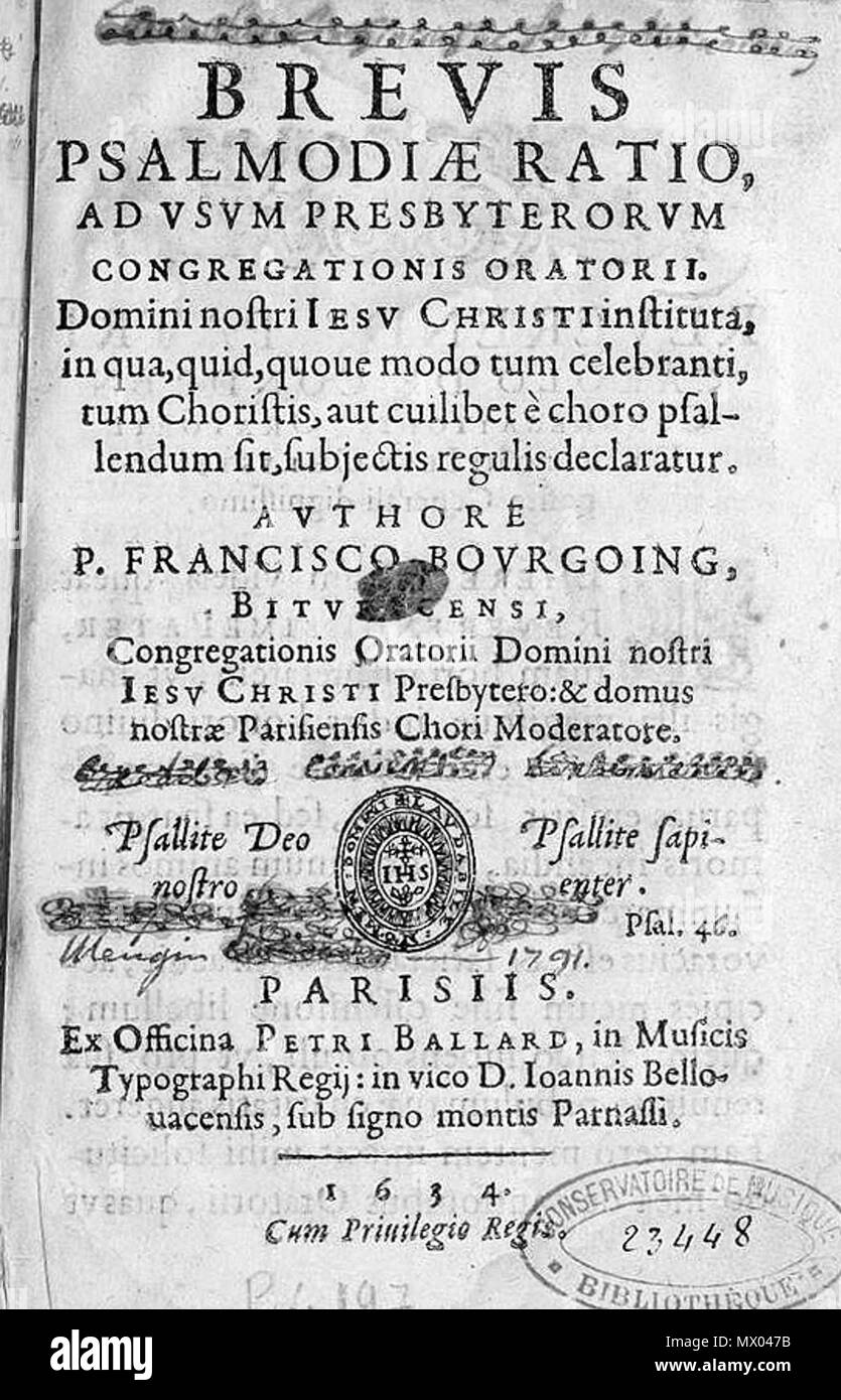 . English : Page de titre de la Brevis ratio psalmodiae de François Bourgoing. (Paris, 1634). 30 août 2015. Pierre I Ballard, imprimeur (1634) 95 1634 Bourgoing. Banque D'Images