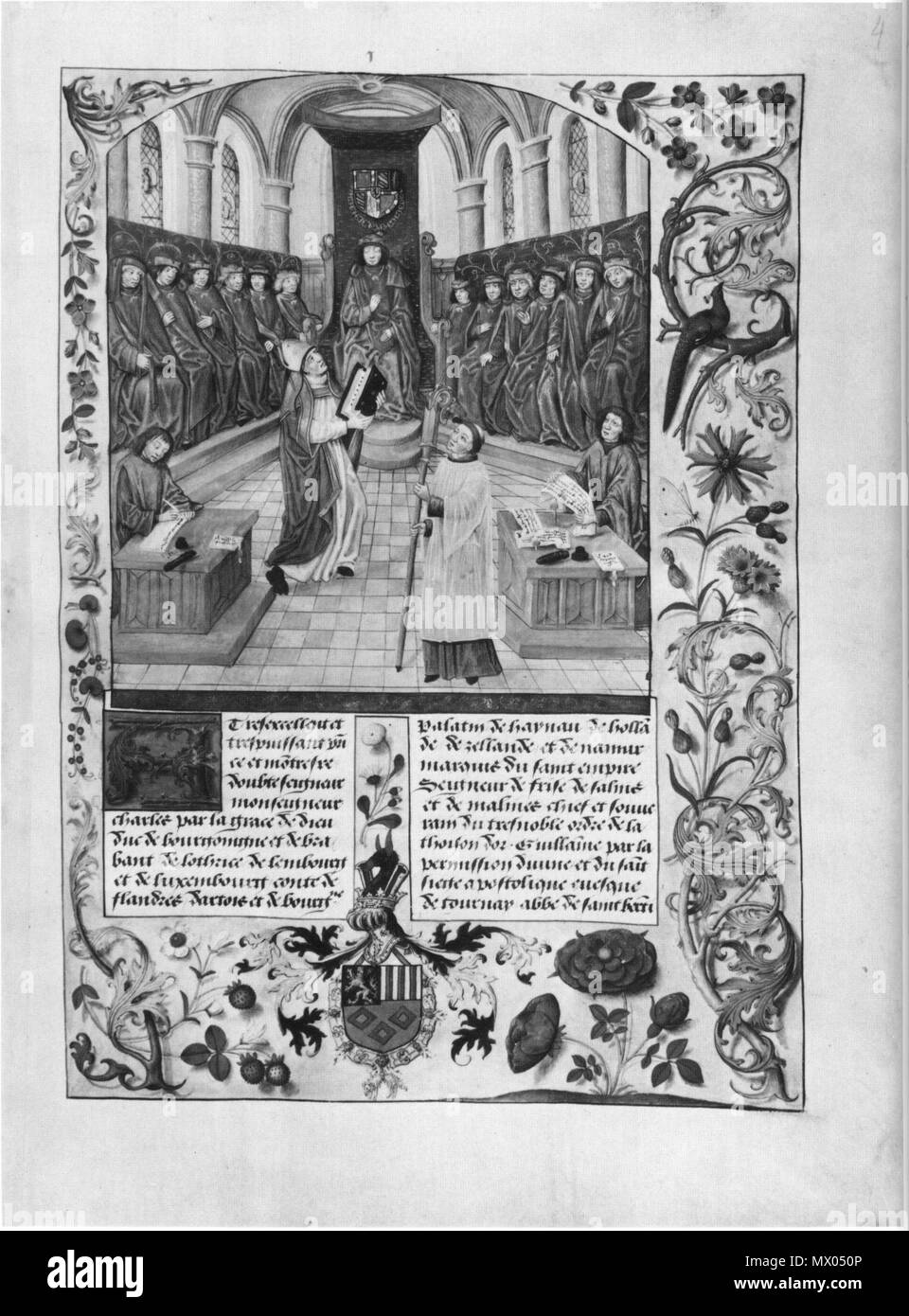 . Français : Guillaume Fillastre, la jeune histoire de la Toison d'or. L'allumage montre une session du chapitre de l'ordre de la Toison d'or. Avant gauche : Guillaume Fillastre en vêtement de l'évêque ; au duc de Bourgogne Charles le Téméraire. Vienne, Österreichische Nationalbibliothek, Cod. 2541, fol. 4r. Deutsch : Guillaume Fillastre der Jüngere, Histoire de la Toison d'or. Buchmalerei Die zeigt eine Languagedeutschenglishfrançais des Kapitels des Ordens vom Goldenen Vlies. Vorn im Bischofsornat Liens Guillaume Fillastre, in der Mitte sitzend Herzog Karl der Kühne von Burgund. Wien, Österreichische Na Banque D'Images