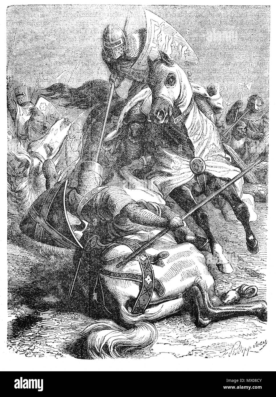 La bataille d'Evesham sur le 4 août 1265, a été l'une des deux principales batailles de la Seconde Guerre des Barons. Elle marque la défaite de Simon de Montfort, comte de Leicester, et les barons rebelles par le futur roi Édouard I, qui a dirigé les forces de son père, le roi Henri III. Il a eu lieu le 4 août 1265, près de la ville d'Evesham, Worcestershire. Au cours de la bataille de l'entré dans le combat avec le Baron Adam Gourdon. Ce dernier a été blessé, jeté de son cheval et fait prisonnier. Edward achetés Gourdon pardon qui a poursuivi en beferiend et servir le prince. Banque D'Images