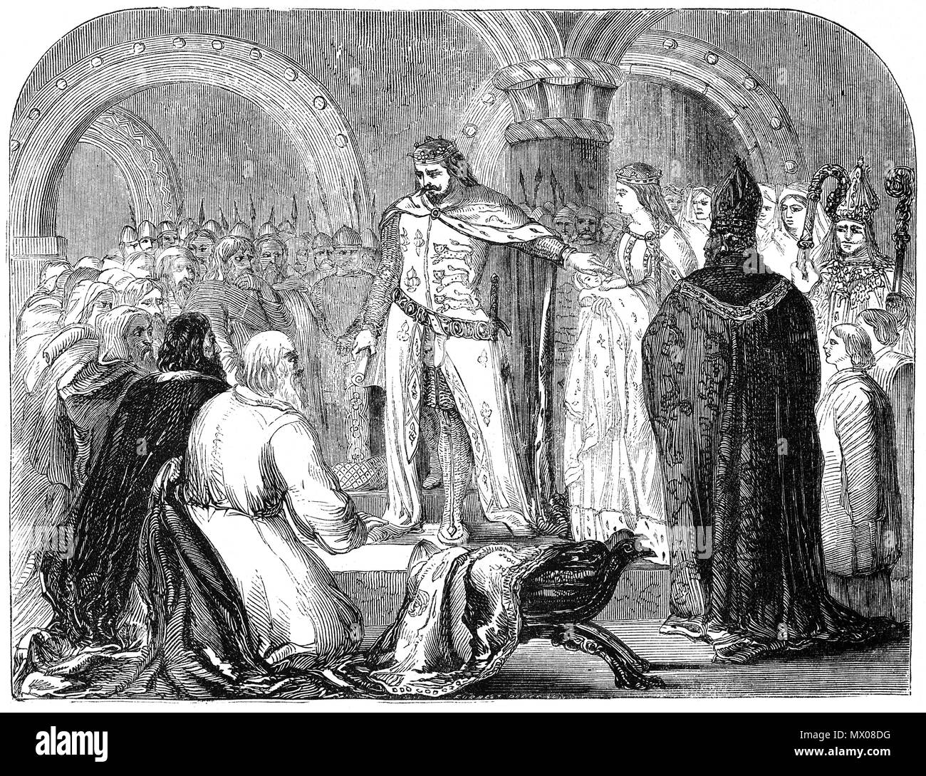 Édouard I (1239-1307), également connu sous le nom de Edward Longshanks était roi de l'Angleterre de 1272 à 1307. Son fils, Edward est né à la Reine Eléonore de Castille à Caernarfon Castle dans le Nord du Pays de Galles le 25 avril 1284, moins d'un an après Edward je avaient conquis la région. Le Roi choisit le château comme lieu de naissance d'Edward, comme il a été un important lieu symbolique pour les Gallois et formé le centre de la nouvelle administration royale du nord du Pays de Galles. Il a été suggéré que le bébé a été offert à la Welsh comme un prince qui a été porté au Pays de Galles et pourrait speake jamais un mot d'anglais'. Banque D'Images