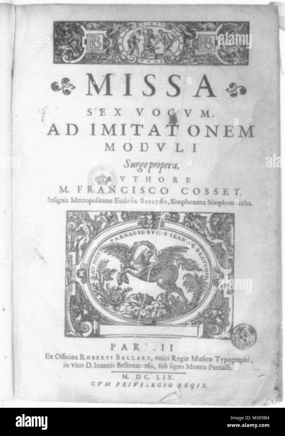 . English : Page de titre de la messe Exultate Deo de François Cosset (Paris, 1659). 13 février 2016, 18:54:29. François Cosset (vers 1620, mort après 1664) 145 1659 Cosset Banque D'Images