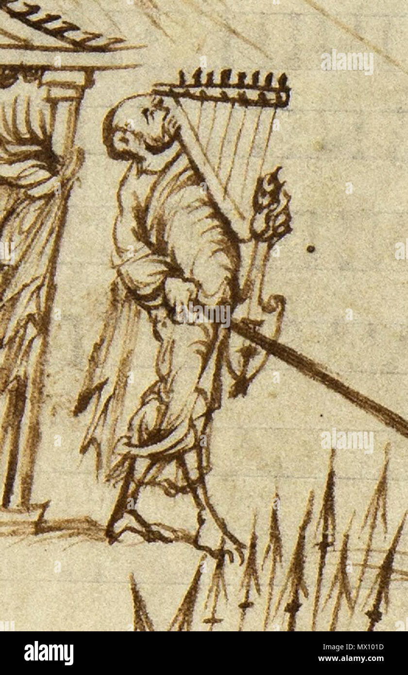 . Anglais : Coupure du Psautier d'Utrecht, montrant un homme tenant une cythara inférieur (instruments) et une harpe ou psaltérion. Les représentations de l'cytharas dans le Psautier d'Utrecht ont été utilisés comme preuve dans l'Encyclopedia Britannica 1911 que la guitare a été développé à partir de la modification de la cithare-lyre. 1er janvier 850. Psaume 624 Utrechts-Psalter-107 inconnu psaltérion et cithare Banque D'Images