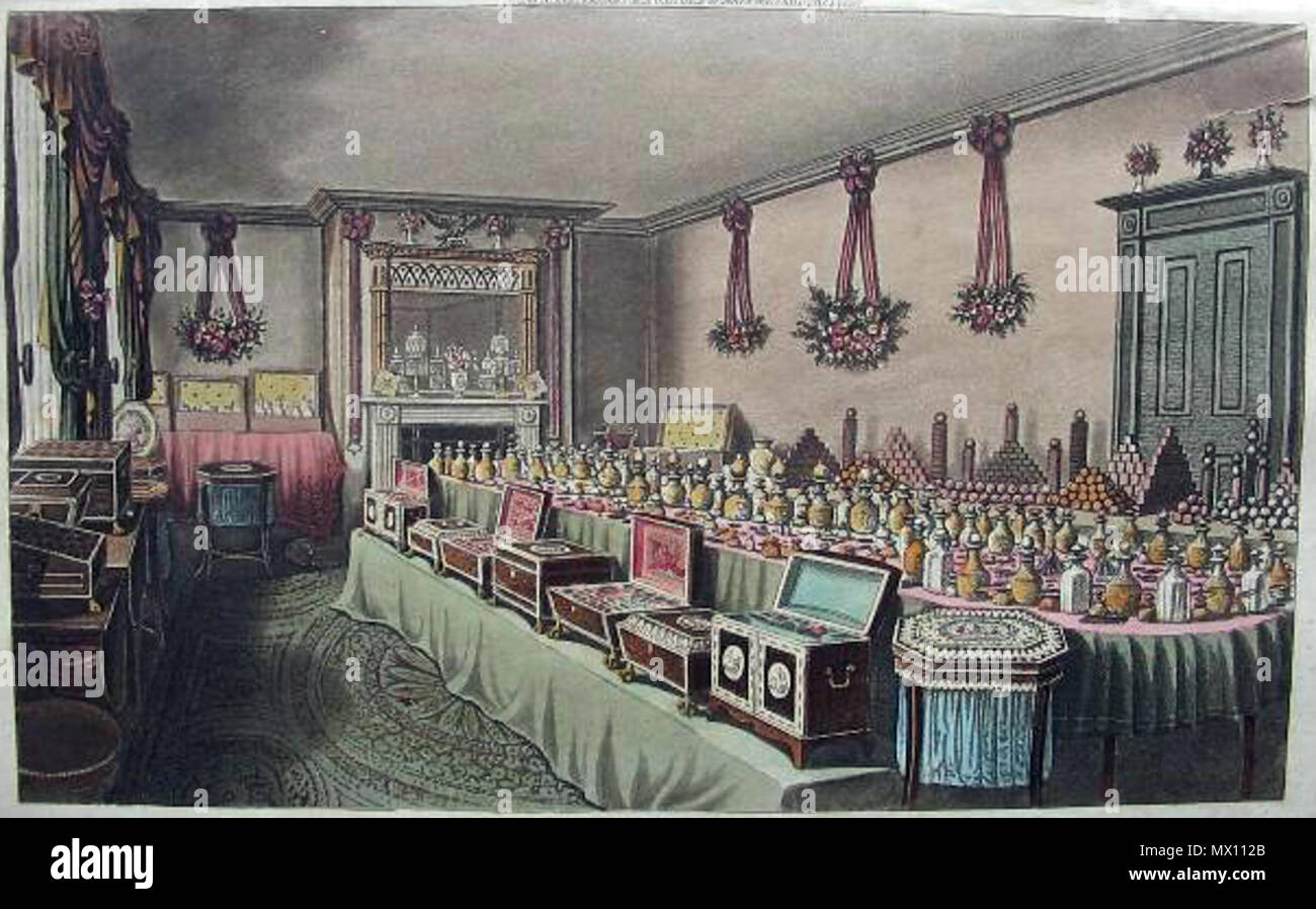 . Anglais : cadeaux somptueux de parfum préparé pour l'empereur de Chine, dans le cadre d'une offre pour une meilleure relation commerciale (Ackerman, 1816) ; *texte explicatif* Source : ebay, 10 févr. 2007 . 1816. Ackerman, 127 Chinagifts1816a Banque D'Images