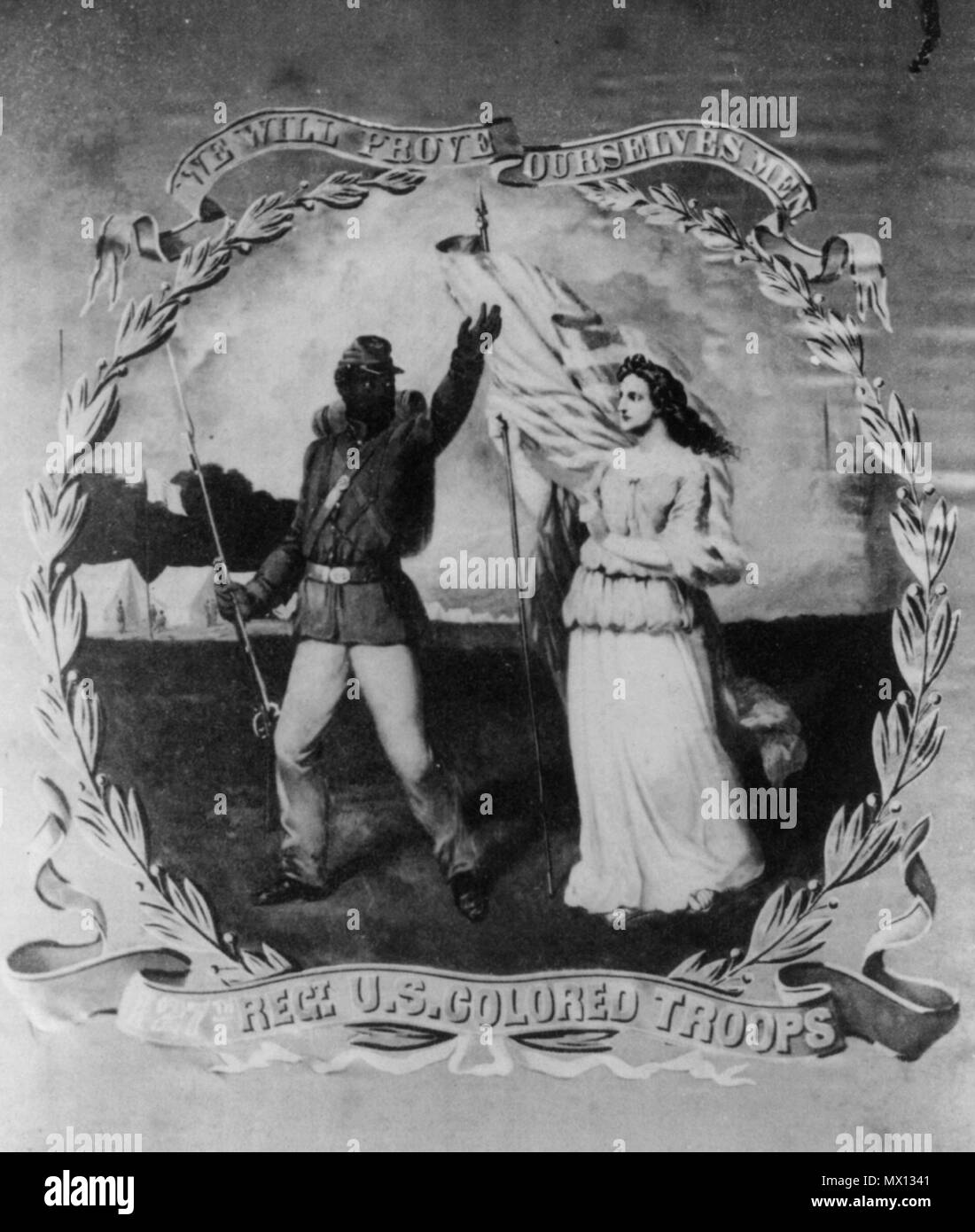 . Anglais : métadonnées LOC Titre : nous devons nous montrer les hommes - 127e Regt. Les troupes de couleur américain noms associés : Bowser, David Bustill, 1820-1900 , artiste Date de création/publication : [entre 1860 et 1870] : 1 Moyenne d'impression photographique sur carte de visite mount : albumen. Sommaire : le drapeau régimentaire représentant African American soldier debout à côté de Colombie-Britannique tenant un drapeau. Numéro de reproduction : LC-USZ62-23097 (b&w film copie neg.) Comité consultatif des droits de l'homme : Pas de restrictions connues sur la publication. Numéro d'appel : LOT 6592, no. 130 SUBSTITUTION UTILISATION [P&P] Référentiel : Library of Congress Prints and Photographs Division lave Banque D'Images