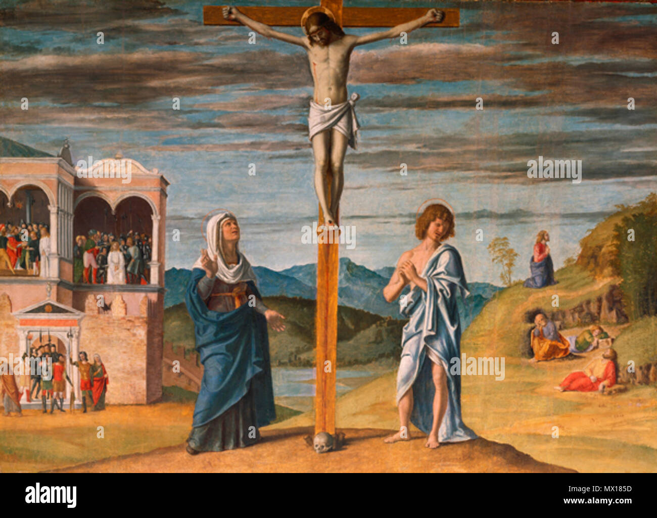 . Anglais : Christ en croix avec la Vierge et saint Jean l'Evangéliste . Titre alternatif : La Crucifixion Description : La Vierge et Saint John pleurer au pied d'un grand cross situé dans un paysage sombre avec un assombrissement du ciel. À droite, le Christ prie dans le jardin de Gethsémané tandis que ses disciples de sommeil - l'agonie dans le jardin. À gauche sont trois scènes de la Passion du Christ situé dans, ou devant, Ponce Pilate's palace. Le refus de Saint Pierre est en bas ; Pilate se laver les mains est au-dessus, à côté le couronnement d'épines. Les petites scènes peuvent avoir été painte Banque D'Images