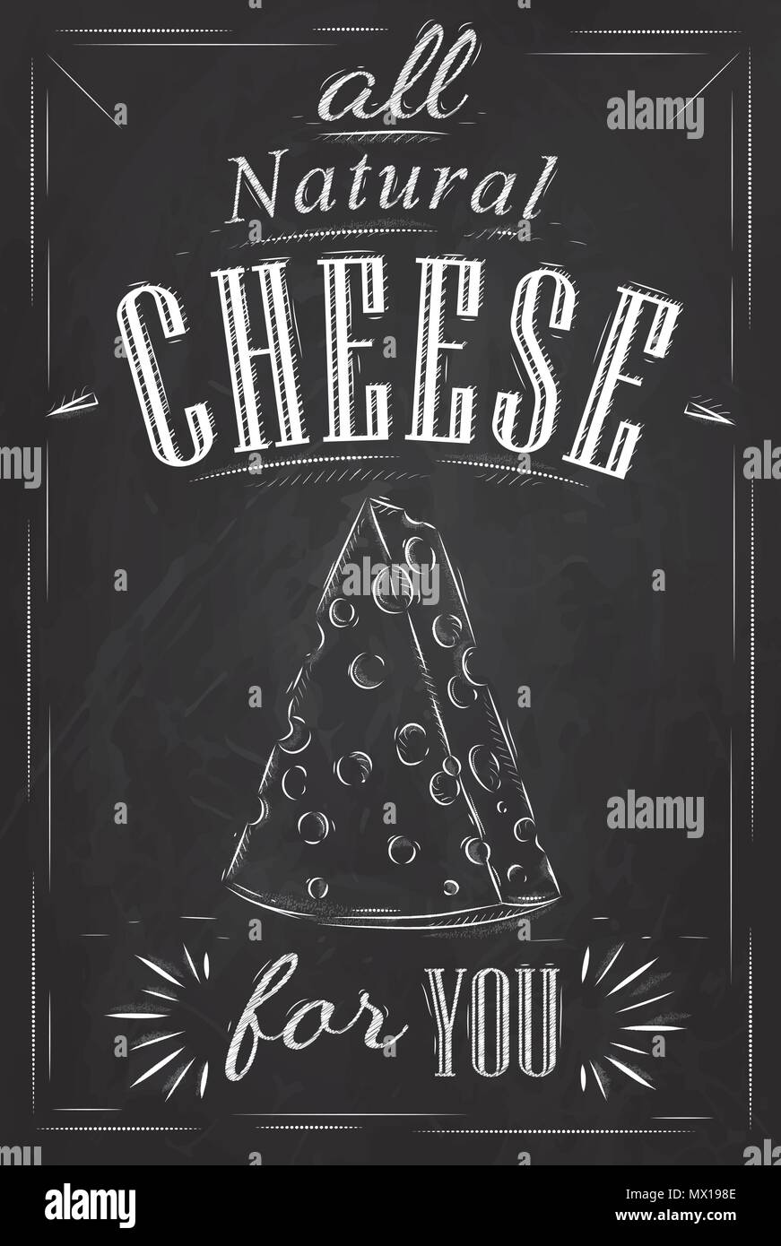 Toutes les lettres de l'affiche pour vous fromage naturel dessin stylisé avec la craie sur tableau noir. Illustration de Vecteur