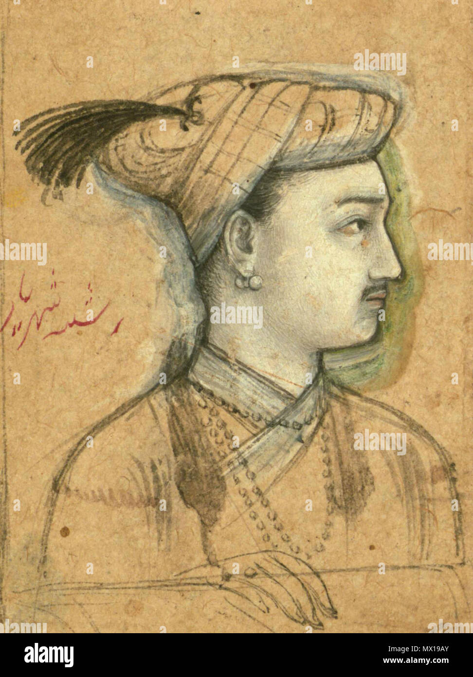. Anglais : Shahriyar encre et pigments sur papier 5,3 x 4,2 cm. Ce dessin de Mughal, Walters feuille manuscrit W.697 est d'un jeune homme, identifié par l'inscription comme Shahriyar, qui était le plus jeune fils de la 4ème empereur moghol Jahangir (mort en 1037 AH/AD 1627). Il date du 11ème siècle AH/AD 17. Shahriyar est représentée de profil, ce qui est courant dans la peinture moghole, surtout dans les représentations de cérémonies de la cour. Le portrait est un dessin préparatoire pour une peinture de manuscrits. Il a peut-être été à un stade ultérieur que le châssis de fenêtre et la main ont été tirées pour suggérer une scène jharoka. Le buff- Banque D'Images
