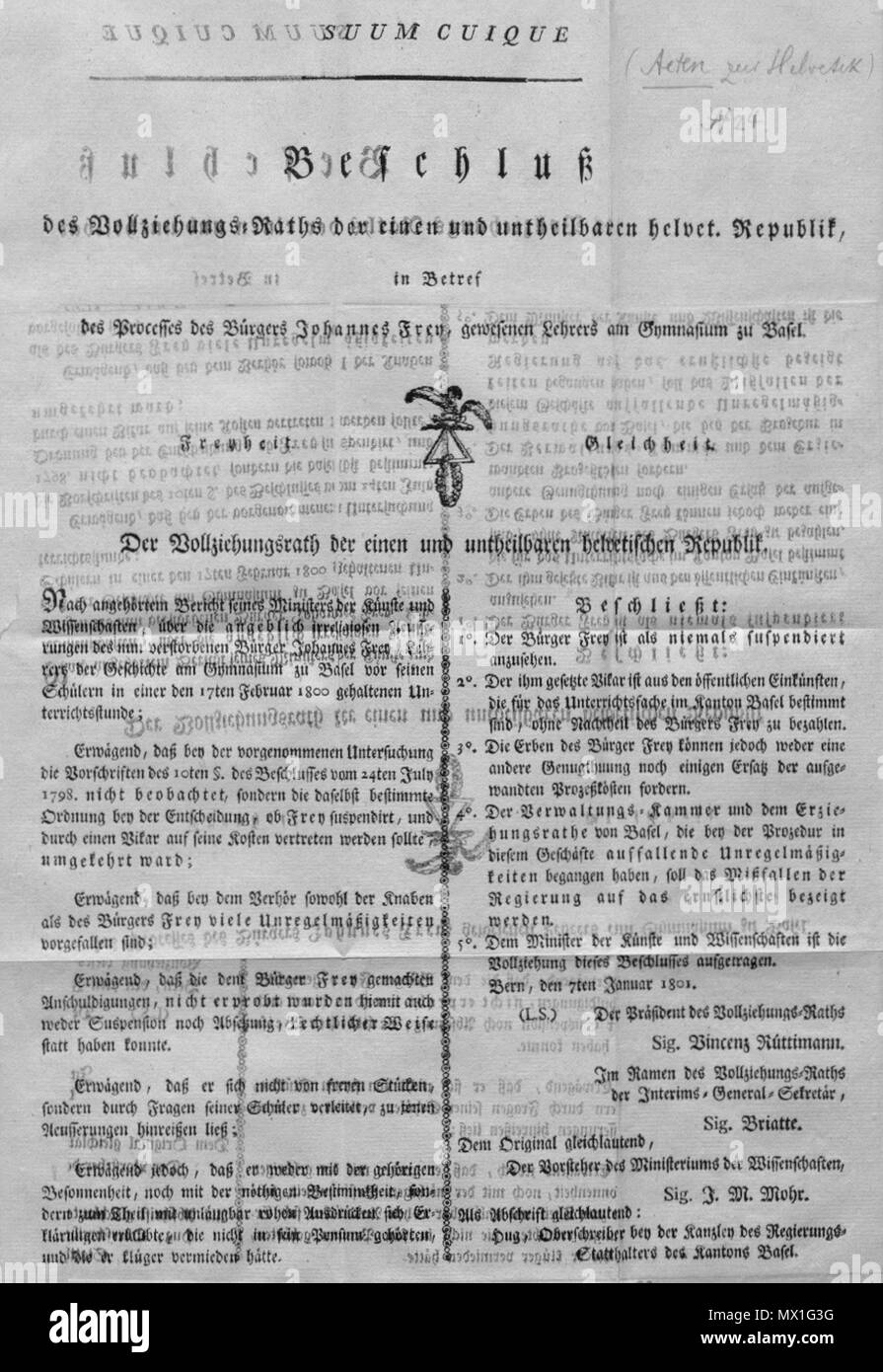 . Deutsch : Beschluß des Vollziehungs-Raths untheilbaren und der einen helvet. - Nombre, 7. 08 janvier 1801. 12 décembre 2015, 13:15:40. 515 Inconnu Rehabilitierung Johannes Frey sw ganz Banque D'Images