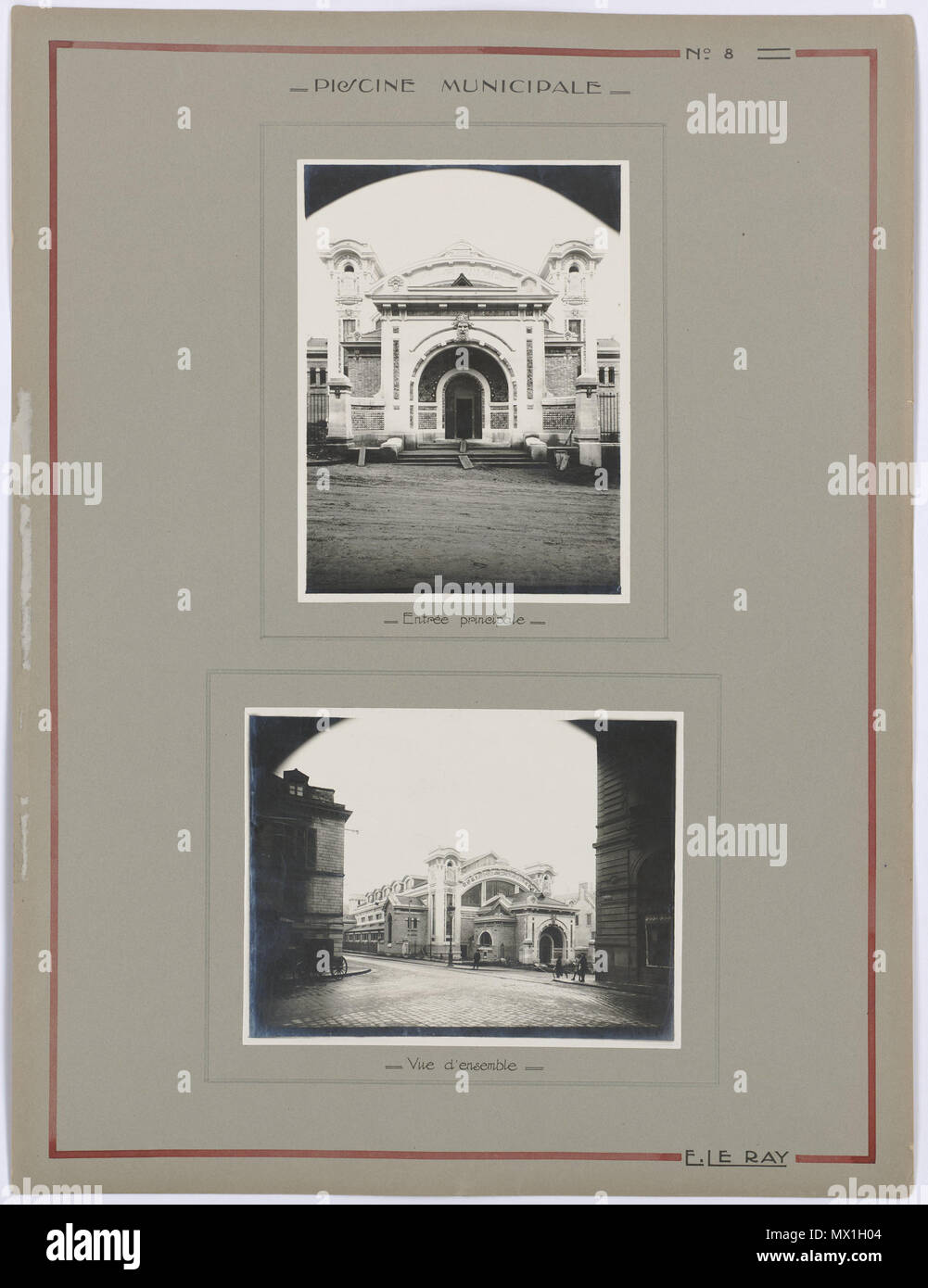 . English : Piscine municipale Saint-Georges, Rennes . English : Piscine municipale Saint-Georges : planche d'Emmanuel Le Ray, architecte municipal de Rennes, composée d'une photographie noir et blanc de l'entrée principale de la piscine (24x18 cm) et d'une photographie noir et blanc d'une vue d'ensemble de la piscine (24x18 cm). Archives municipales de Rennes, 10 fi 10. . 1926. Emmanuel Le Ray (1859-1936) Description L'architecte français Date de naissance/décès 17 Novembre 1859 28 novembre 1936 Lieu de naissance/décès Rennes Rennes contrôle d'autorité : Q3052762 : VIAF 73530168 ISNI : 000 Banque D'Images
