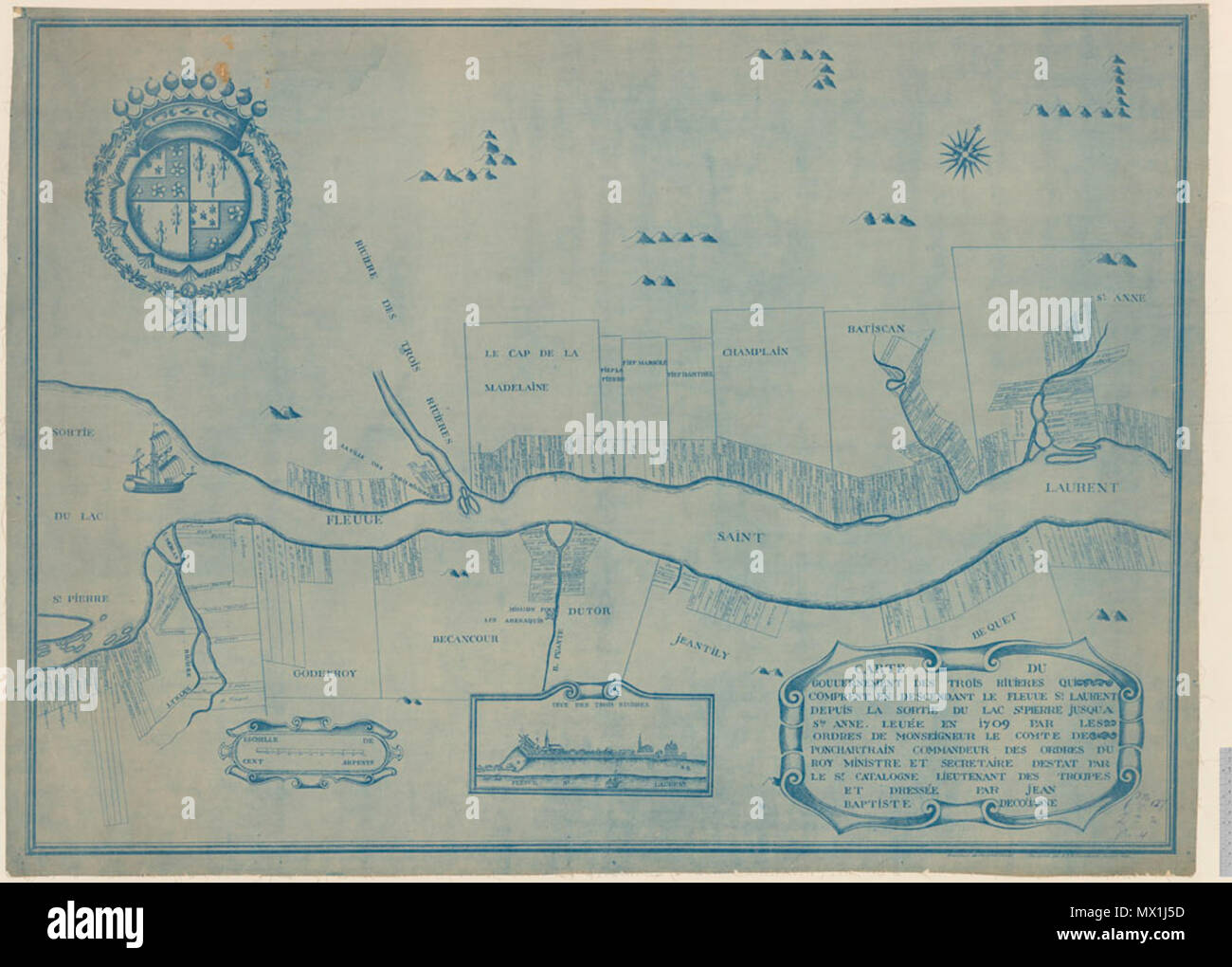 . Français : Carte du gouvernement des Trois-Rivières qui comprent en descendant le fleuve Saint-Laurent depuis la sortie du lac Saint-Pierre jusqu'à Ste Anne. Levée en 1709 par les ordres de monseigneur le comte de Pontchartrain commandeur des ordres du Roy, ministre et secrétaire destat par le Sr Marie lieutenant des troupes et dressée par Jean Baptiste Decouagne. [Document cartographique] La première est une copie d'une planifier dans le dépot Générale des cartes, plans et journeaux de la Marine. Portefeuille 127, Div.2, 1 à 5, la deuxième est un fac-similé par A.E.B. 1921 Courchesne-Février-impress Banque D'Images