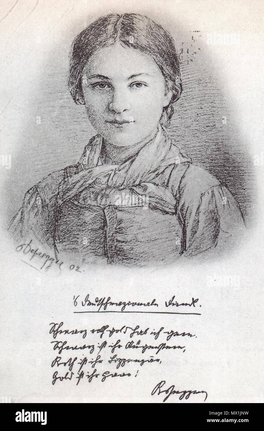 . Deutsch : Werbekarte für die deutschnationale Idee (1903) : l' "Deutschnazionale Dirndl. Or roth Schwarz hab ich gern. / Schwarz ist ihr Augenstern, / Roth ist ihr, Lippenpaar / Gold ist ihr Haar". Gedicht von Peter Rosegger (1843-1918). Mädchenbildnis gezeichnet von Franz von Defregger (1835-1921) . 19 février 1903. Franz von Defregger (1835-1921) 535 S'deutschnationale Dirndl Banque D'Images