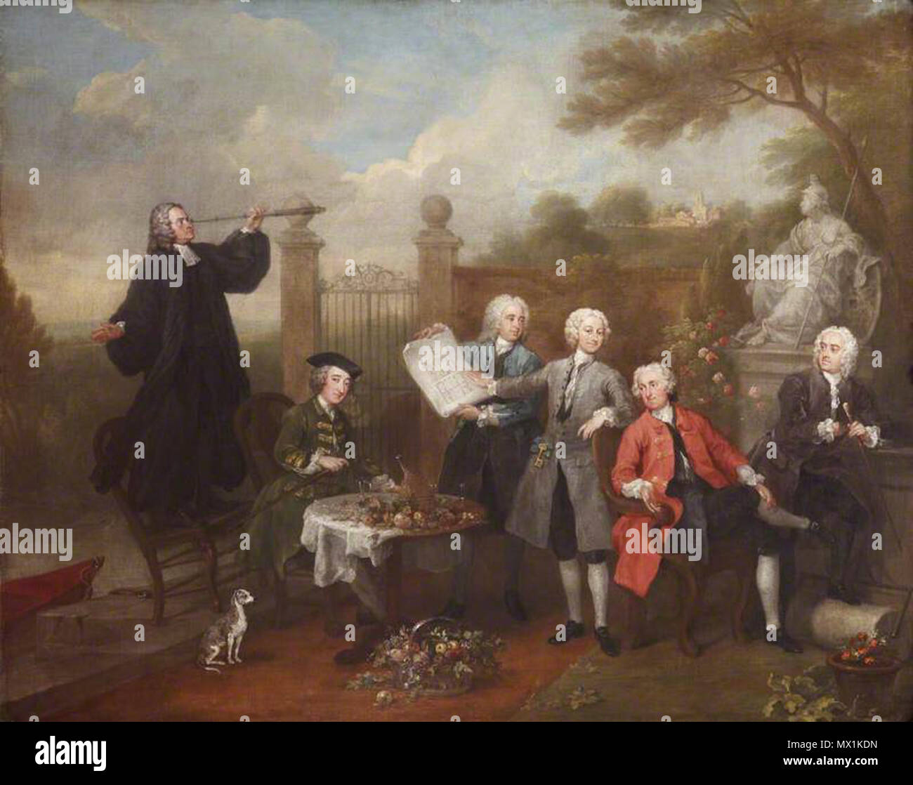 . Anglais : Huile sur toile. 101,6 cm x 127 cm. Groupe de six hommes dans un jardin. Un homme est debout sur une chaise à la recherche au moyen d'un télescope, un homme assis à une table, un homme debout tenant un document avec l'homme derrière lui pointant vers elle, un homme assis à deux chiffres au comité permanent, et une finale de l'homme est appuyé contre un mur. 1738. William Hogarth 596 l'Hervey morceau de conversation Banque D'Images