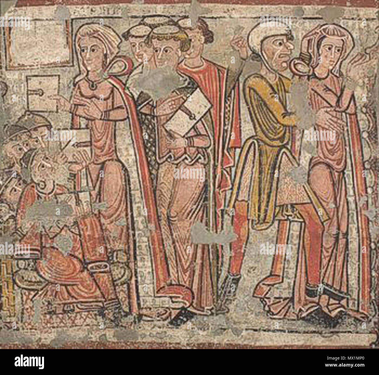 . Español : Pintura mural en la catedral de la Seu d'Urgell (Cataluña) Espagne. La Disputa Titulada y el arresto de Santa Catalina actuellement en el Museo Nacional de Arte de Cataluña. 27 mars 2012. Electrónico siglo XIII 421 Mnac-santacatalina1 Banque D'Images