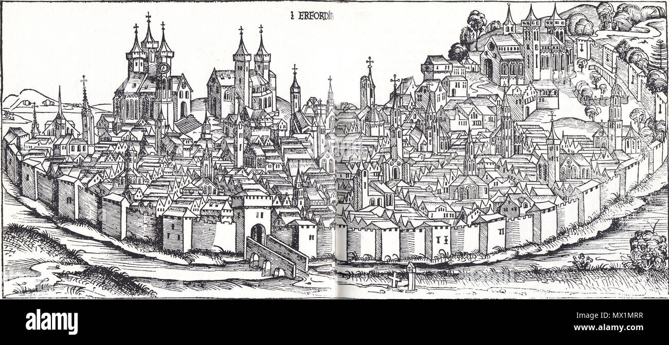 . Anglais : Erfurt. La gravure sur bois à partir de Hartmann Schedel's livre des chroniques et histoires, 1493. 1493. 546 Inconnu Schedel Erfurt Banque D'Images