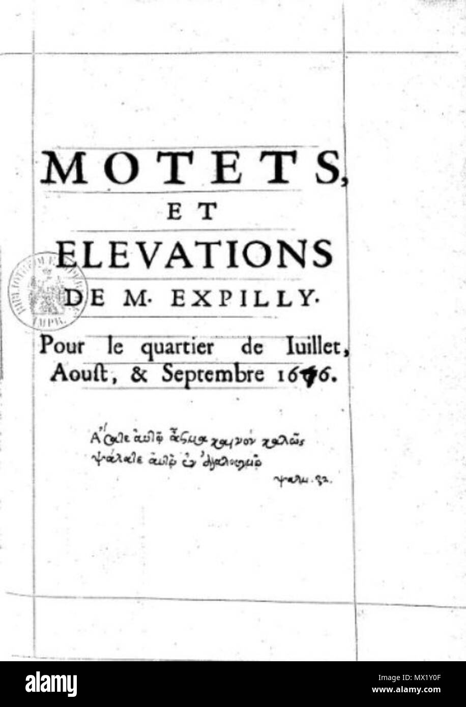 . Anglais : page de titre d'Expilly Motets et élévations (1666). 1666. Gabriel Expilly (ca. 1630 - ca 1690) 201 Expilly - Motets Banque D'Images