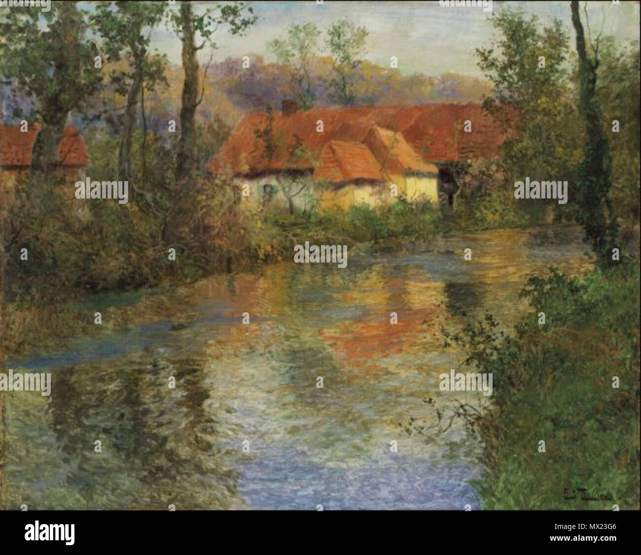 207 Ferme aux toits rouges sur les bords de l'Arques, fin d'été Banque D'Images