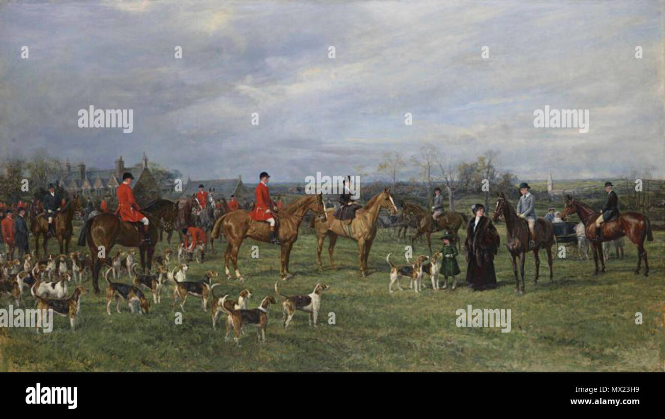 . Rencontrez du Quorn Hounds à Kirby Gate 7 NOVEMBRE 1910 . inscrits sur la "Rencontre avec marche arrière du Quorn Hounds à Kirby Gate 7 Novembre 1910/les chiffres à cheval la lecture de gauche à droite sont :/F. Cartinell, Esq./G. Leaf, Huntsman/capitaine F./Forester Forester Miss Mary/M. Noir, Jnr. De Frisby/Henry Forester, Esq./R. Guinet, Stud Groom/les chiffres à pied sont : Harry/Haughton, terre/M. Astill de Kirby Hall, Agriculteur/MME. Forester Forester avec Mlle Aline parlant à deux chiens préférés/dans le panier arrière en poney est vu Miss Catherine forestier avec son infirmière./peint par Heywood difficile Banque D'Images
