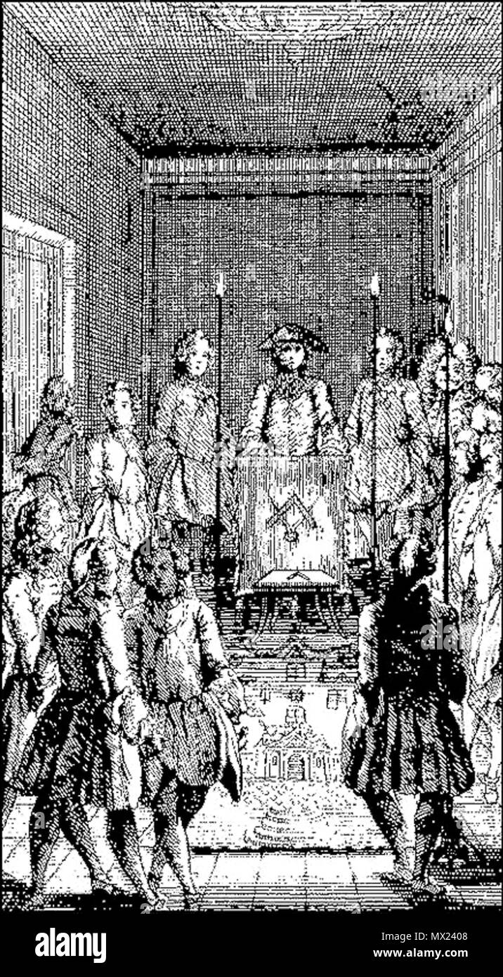 . Une gravure d'un fellow craft lodge, ca. AD 1745, nommé 'Réception des Compagnons'. . Télécharger Carlos Botelho 613 trabalho em Loja Banque D'Images
